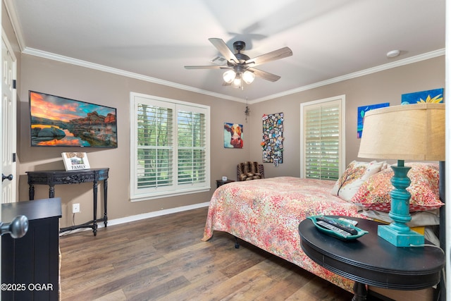 3101 Shore Dr, Grove, OK 74344 - bedroom with wood finished floors, ornamental molding, and ceiling fan