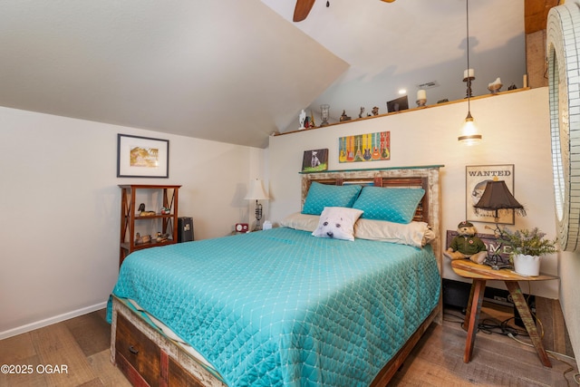 3101 Shore Dr, Grove, OK 74344 - bedroom featuring wood finished floors, lofted ceiling, and a ceiling fan