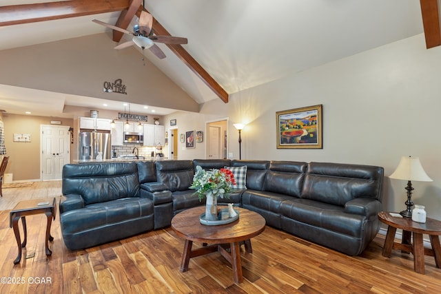 3101 Shore Dr, Grove, OK 74344 - living area featuring ceiling fan, high vaulted ceiling, beam ceiling, light wood-type flooring, and recessed lighting
