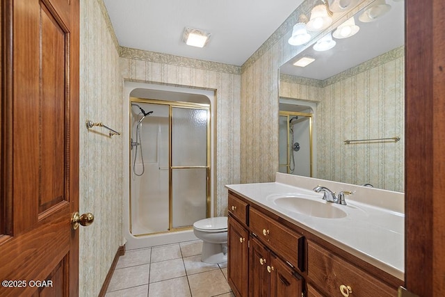 4345 Rob Ln, Joplin, MO 64804 - bathroom with a shower stall, vanity, tile patterned floors, and wallpapered walls