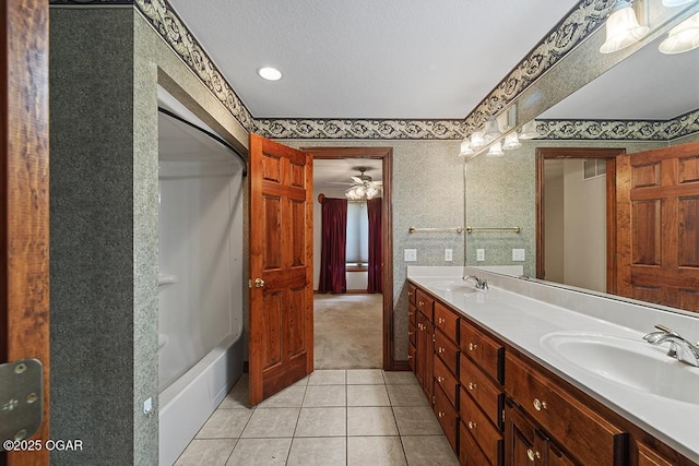 4345 Rob Ln, Joplin, MO 64804 - full bathroom featuring double vanity, tile patterned flooring, wallpapered walls, and ceiling fan