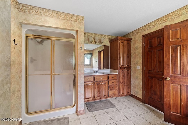 4345 Rob Ln, Joplin, MO 64804 - full bathroom with a stall shower, tile patterned flooring, wallpapered walls, and vanity