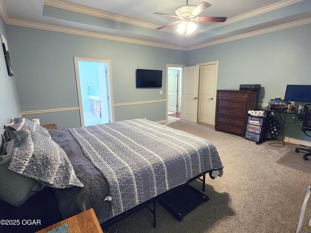 1502 E 7th St, Lamar, MO 64759 - carpeted bedroom with a tray ceiling, crown molding, and ceiling fan