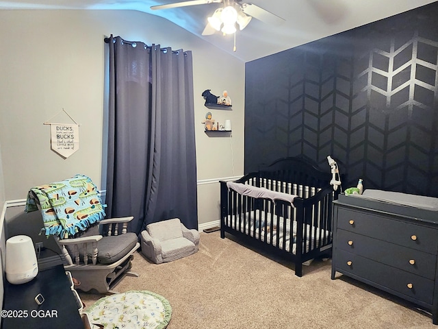 1502 E 7th St, Lamar, MO 64759 - bedroom with carpet flooring, a nursery area, lofted ceiling, and a ceiling fan