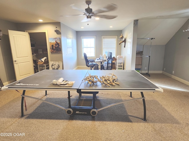 1502 E 7th St, Lamar, MO 64759 - game room featuring carpet, ceiling fan, and recessed lighting