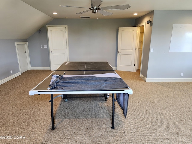 1502 E 7th St, Lamar, MO 64759 - playroom with carpet flooring, lofted ceiling, a ceiling fan, and recessed lighting