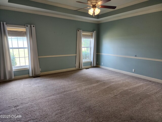 1502 E 7th St, Lamar, MO 64759 - spare room featuring a tray ceiling, healthy amount of natural light, crown molding, and carpet flooring