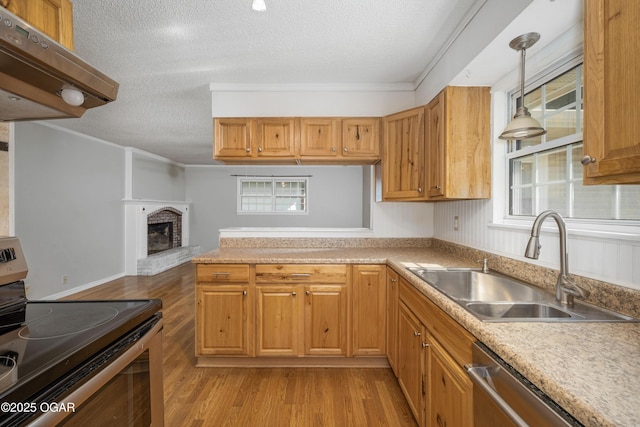 3701 College View Dr, Joplin, MO 64801 - kitchen featuring stainless steel appliances, light wood-type flooring, a textured ceiling, under cabinet range hood, and a fireplace