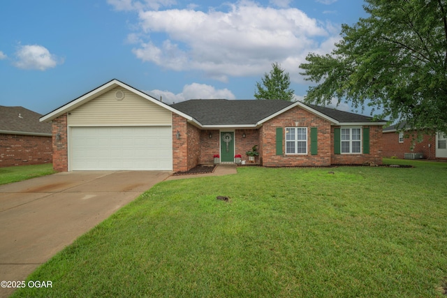 2238 Holly Ln, Miami, OK 74354 - ranch-style house featuring concrete driveway, brick siding, an attached garage, a front lawn, and roof with shingles