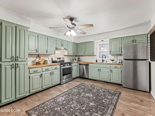 1619 W 2nd St, Joplin, MO 64801 - kitchen with stainless steel appliances, green cabinets, ceiling fan, and tasteful backsplash