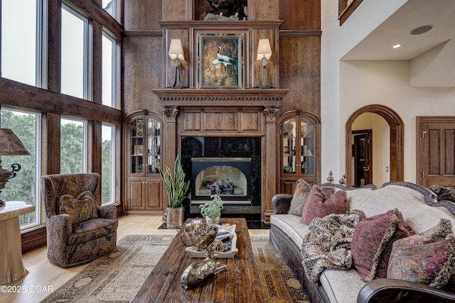 1126 Carrington Ter, Joplin, MO 64804 - living area with a towering ceiling, healthy amount of natural light, a fireplace, and light wood finished floors