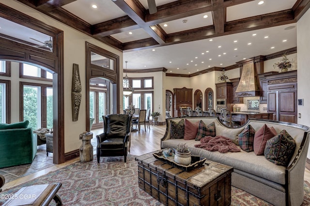 1126 Carrington Ter, Joplin, MO 64804 - living room with coffered ceiling, beam ceiling, recessed lighting, ornamental molding, and a towering ceiling