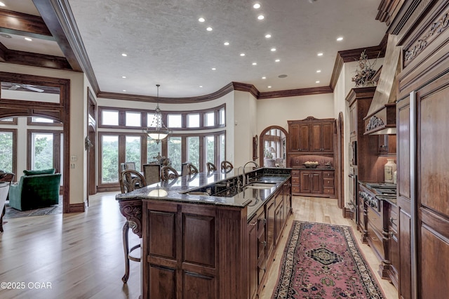 1126 Carrington Ter, Joplin, MO 64804 - kitchen with ornamental molding, a large island with sink, oven, light wood finished floors, and plenty of natural light