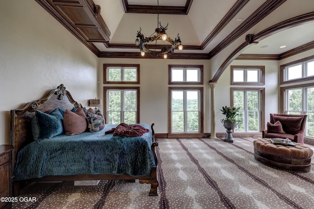 1126 Carrington Ter, Joplin, MO 64804 - carpeted bedroom featuring a high ceiling, a chandelier, and ornamental molding