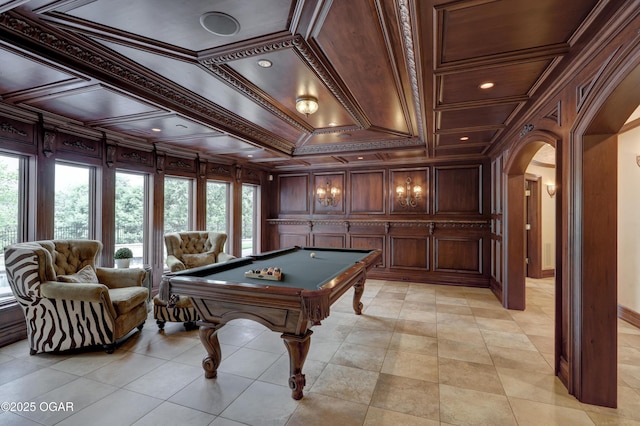 1126 Carrington Ter, Joplin, MO 64804 - playroom with arched walkways, healthy amount of natural light, ornamental molding, billiards, and coffered ceiling