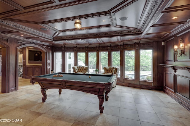 1126 Carrington Ter, Joplin, MO 64804 - recreation room featuring pool table, light tile patterned floors, ornamental molding, and coffered ceiling