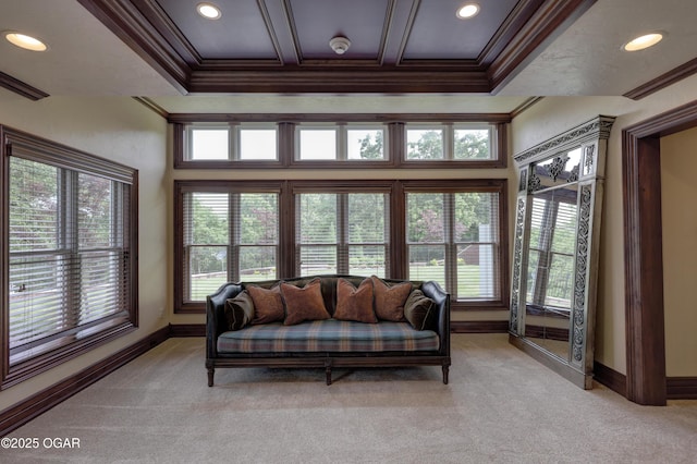 1126 Carrington Ter, Joplin, MO 64804 - living room featuring crown molding, light carpet, recessed lighting, and coffered ceiling