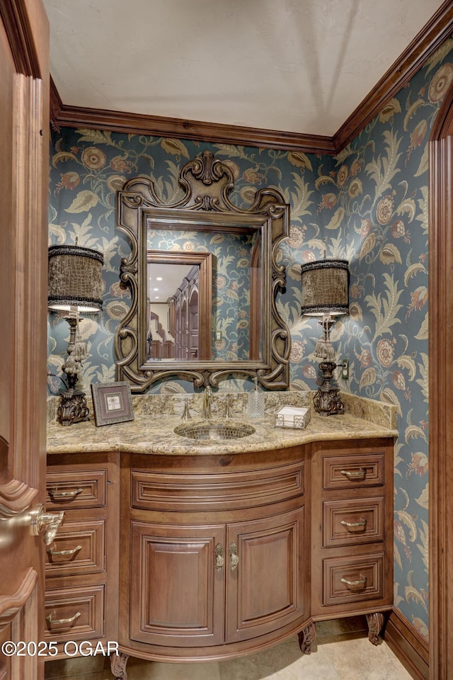 1126 Carrington Ter, Joplin, MO 64804 - bathroom with wallpapered walls, crown molding, and vanity