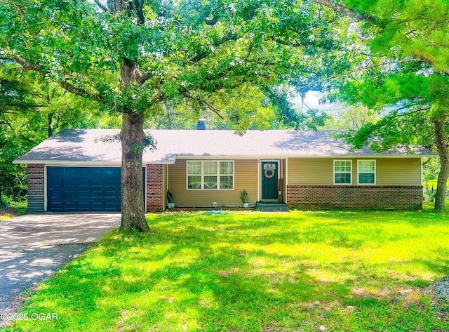 6614 Geneva Dr, Joplin, MO 64801 - ranch-style home with an attached garage, driveway, a front lawn, and brick siding