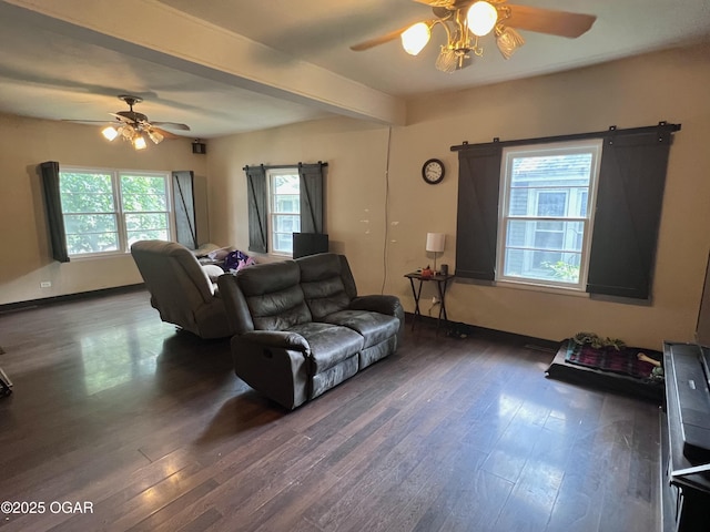 303 E Centennial Ave, Carthage, MO 64836 - living area with a barn door, ceiling fan, wood finished floors, and beam ceiling