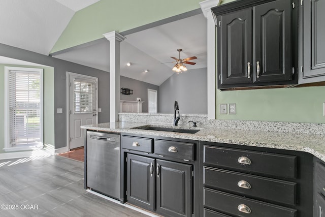 119 Jared Blvd, Webb City, MO 64870 - kitchen featuring dishwasher, lofted ceiling, a ceiling fan, light stone countertops, and a peninsula