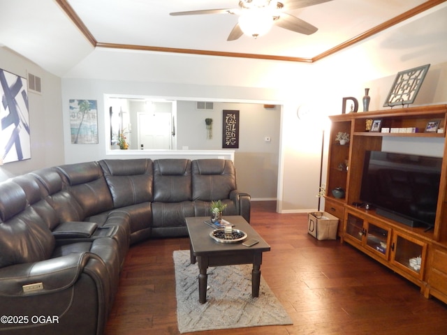 2722 E Wickersham Rd, Joplin, MO 64804 - living room featuring a ceiling fan, hardwood / wood-style floors, and ornamental molding