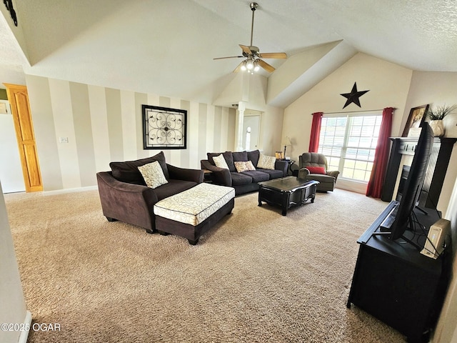 2813 Heartland Ave, Joplin, MO 64804 - living area with carpet flooring, lofted ceiling, a ceiling fan, and wallpapered walls