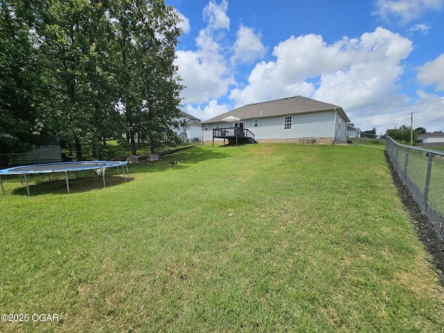 2813 Heartland Ave, Joplin, MO 64804 - fenced yard featuring a trampoline, stairway, and a wooden deck