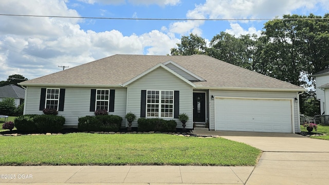 2813 Heartland Ave, Joplin, MO 64804 - ranch-style house featuring concrete driveway, a garage, a front lawn, and a shingled roof