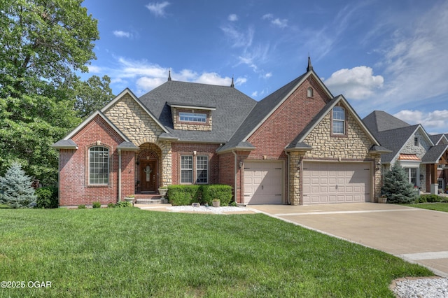 3510 Notting Hill Cir, Joplin, MO 64804 - view of front of property with an attached garage, driveway, a front lawn, stone siding, and brick siding