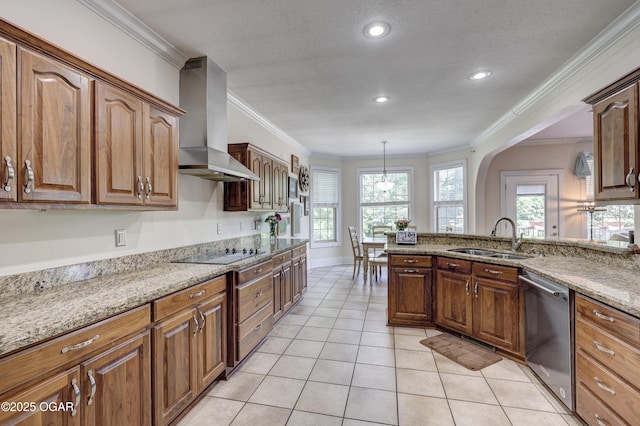 3510 Notting Hill Cir, Joplin, MO 64804 - kitchen with wall chimney exhaust hood, stainless steel dishwasher, crown molding, black electric stovetop, and light stone countertops