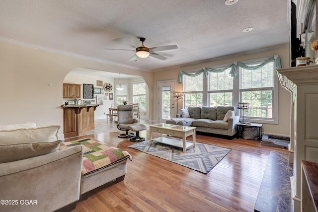 3510 Notting Hill Cir, Joplin, MO 64804 - living area with arched walkways, ceiling fan, a textured ceiling, ornamental molding, and light wood-style flooring
