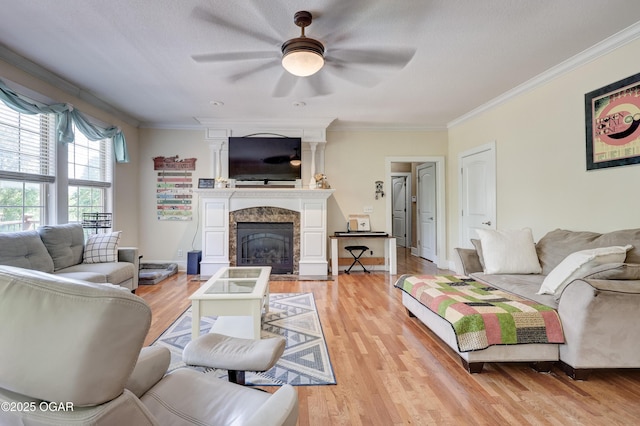 3510 Notting Hill Cir, Joplin, MO 64804 - living area with crown molding, a ceiling fan, light wood finished floors, and a fireplace