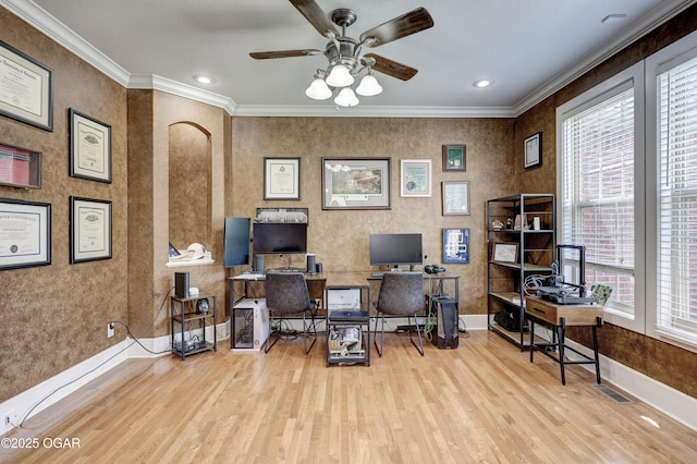 3510 Notting Hill Cir, Joplin, MO 64804 - office area with wood finished floors, crown molding, a ceiling fan, and recessed lighting