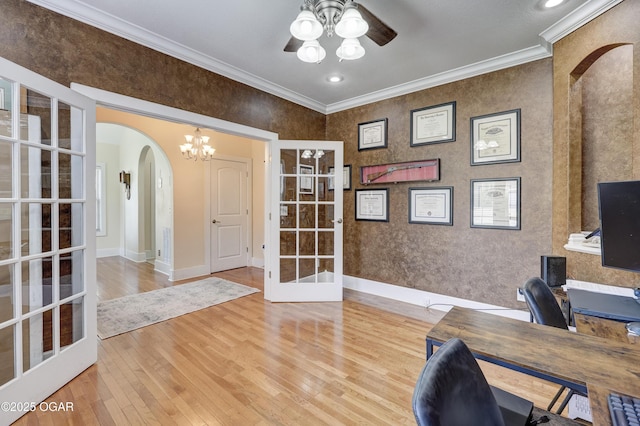 3510 Notting Hill Cir, Joplin, MO 64804 - office area featuring arched walkways, wood finished floors, crown molding, a ceiling fan, and french doors
