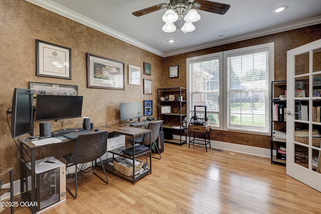 3510 Notting Hill Cir, Joplin, MO 64804 - home office featuring ornamental molding, light wood-type flooring, and ceiling fan