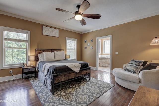 3510 Notting Hill Cir, Joplin, MO 64804 - bedroom with hardwood / wood-style flooring, crown molding, ensuite bathroom, and ceiling fan