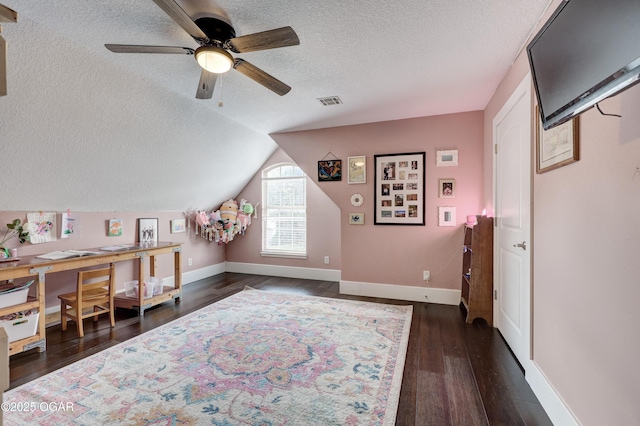 3510 Notting Hill Cir, Joplin, MO 64804 - office space featuring a textured ceiling, dark wood-type flooring, ceiling fan, and lofted ceiling