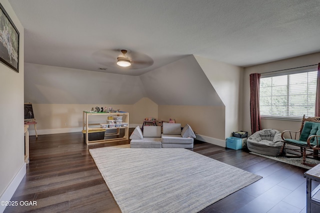 3510 Notting Hill Cir, Joplin, MO 64804 - living area with a ceiling fan, dark wood-style floors, lofted ceiling, and a textured ceiling