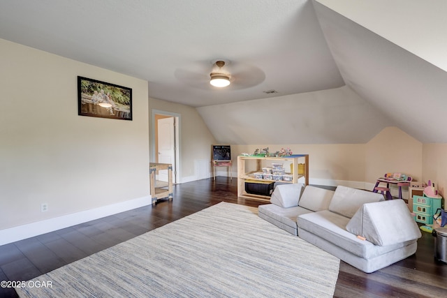 3510 Notting Hill Cir, Joplin, MO 64804 - living room with dark wood-style flooring, a ceiling fan, and lofted ceiling