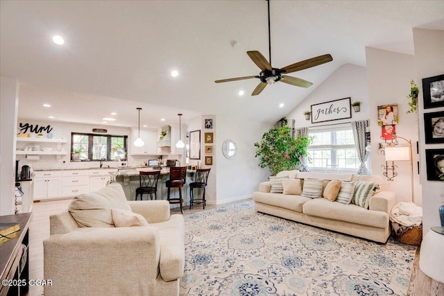 11284 Norway Rd, Neosho, MO 64850 - living room featuring ceiling fan, recessed lighting, and lofted ceiling
