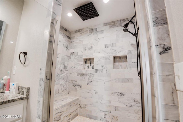 11284 Norway Rd, Neosho, MO 64850 - bathroom featuring a shower stall, vanity, and recessed lighting