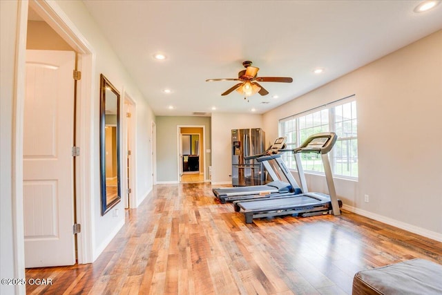 11284 Norway Rd, Neosho, MO 64850 - workout area featuring wood finished floors, ceiling fan, and recessed lighting