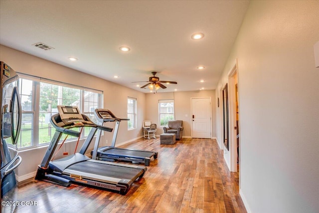 11284 Norway Rd, Neosho, MO 64850 - exercise area featuring wood-type flooring, recessed lighting, and ceiling fan