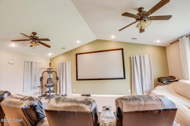 11284 Norway Rd, Neosho, MO 64850 - home theater room featuring ceiling fan, lofted ceiling, and recessed lighting