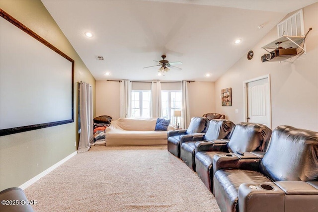 11284 Norway Rd, Neosho, MO 64850 - cinema room with vaulted ceiling, carpet, a ceiling fan, and recessed lighting