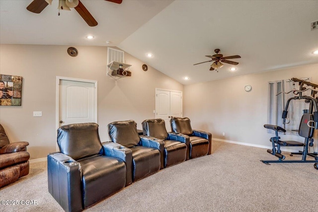 11284 Norway Rd, Neosho, MO 64850 - carpeted home theater featuring ceiling fan, vaulted ceiling, and recessed lighting