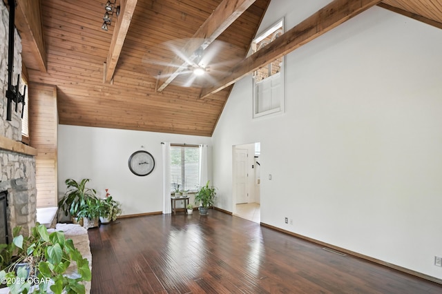 3310 Tana St, Joplin, MO 64804 - unfurnished living room featuring ceiling fan, high vaulted ceiling, a fireplace, a wood ceiling with exposed beams, and hardwood / wood-style floors
