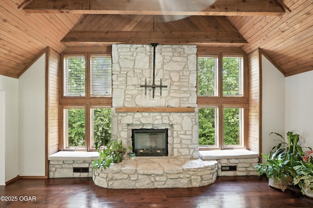 3310 Tana St, Joplin, MO 64804 - living room featuring wooden ceiling, hardwood / wood-style flooring, and a stone fireplace