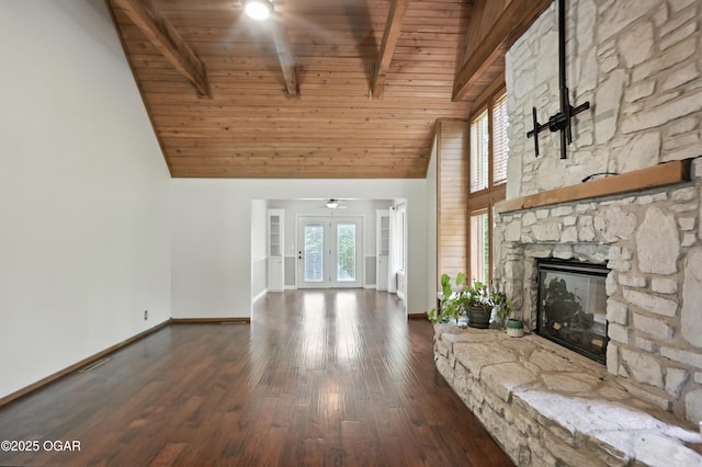 3310 Tana St, Joplin, MO 64804 - unfurnished living room with a wood ceiling with exposed beams, high vaulted ceiling, ceiling fan, a fireplace, and dark wood-style flooring